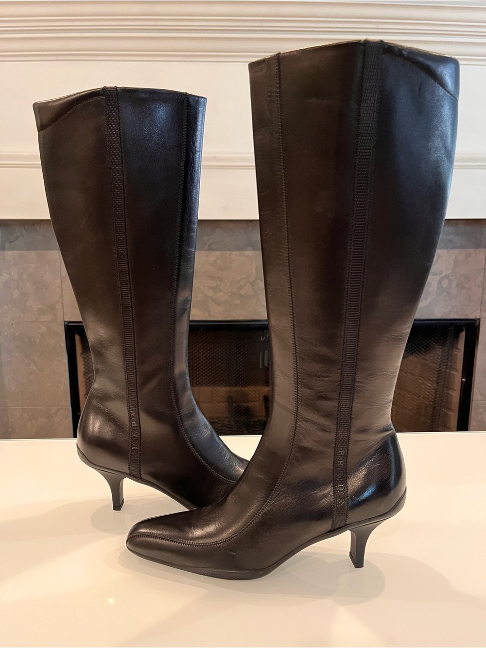 PRADA Vintage Leather Knee High Kitten Heel Boots 37 Black NWOT